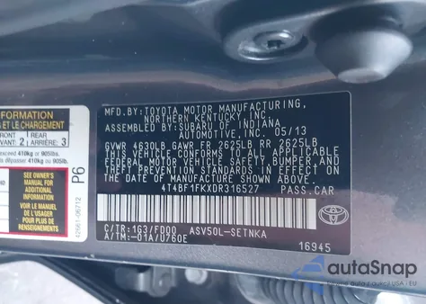 2013 Toyota Camry Le from USA, damaged, VIN 4T4BF1FKXDR316527